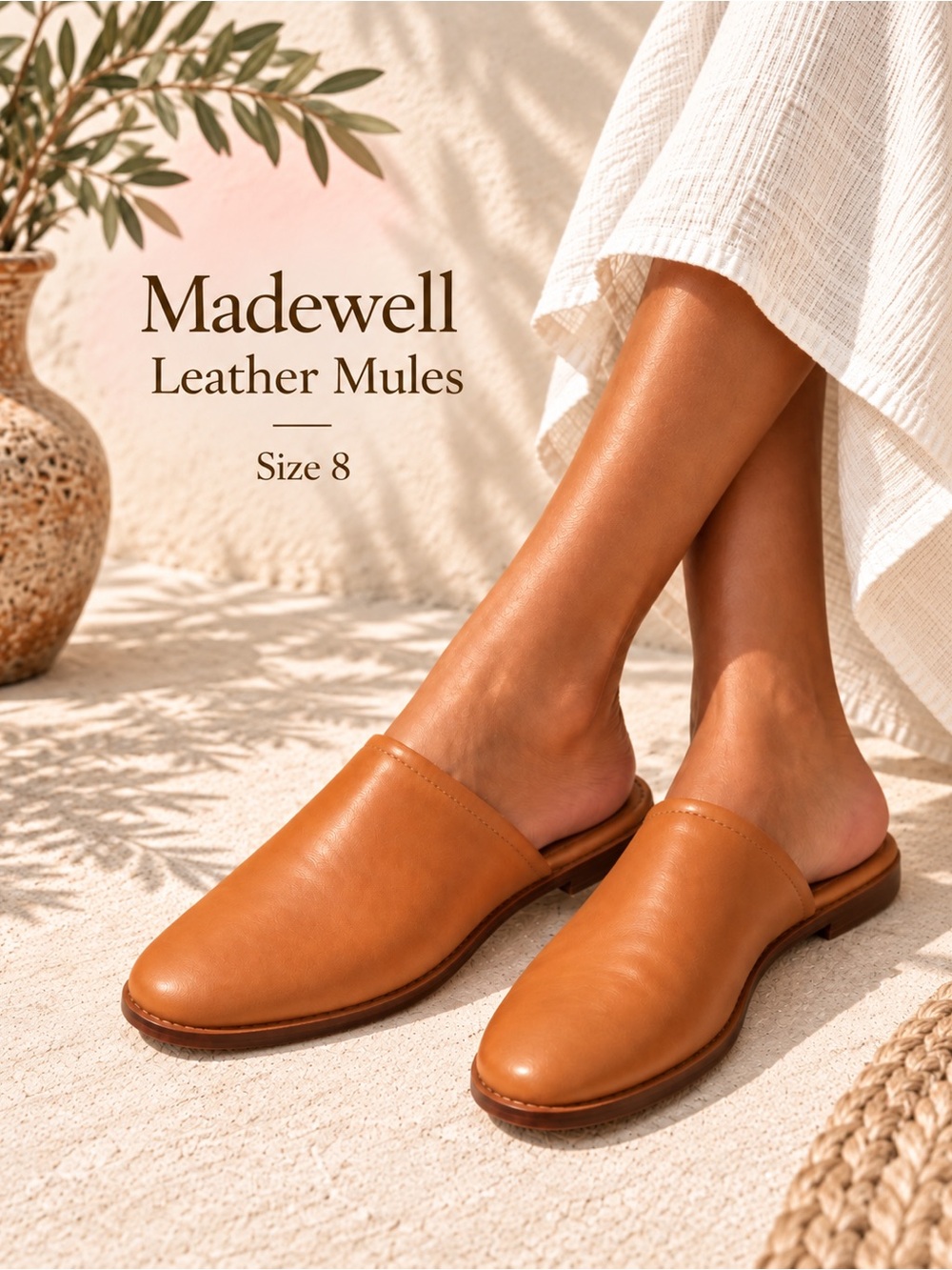 Madewell Leather Mule Flats Women’s 8 Cognac Brown Slip On Shoes